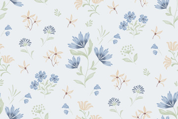 Minimal Floral pattern seamless paisley embroidery texture  blue pink coneflower flower motifs. Vintage ikat style vector illustration design hand drawn .