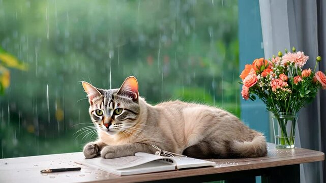 Cozy Cat Amidst the Rain: A domestic cat rests on the windowsill with a notebook, as rain gently falls outside, next to vibrant bouquet of roses, creating a scene of comfort and introspection.