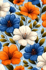Floral Pattern Blue with Orange, and White Flowers.
