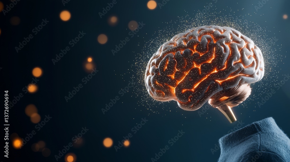 Poster brain with a light on it. the brain is surrounded by a blurry background. the brain is lit up and he