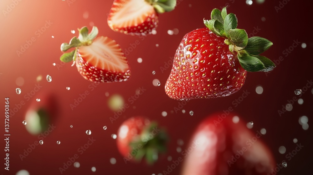 Poster close up of a strawberry with a few drops of water on it. the image has a playful and lighthearted m