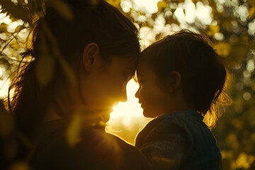 silhouette of a child and mother in a park