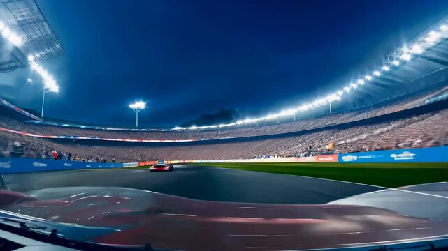 Thrilling timelapse of sports car racing in a bustling stadium under a vibrant sky