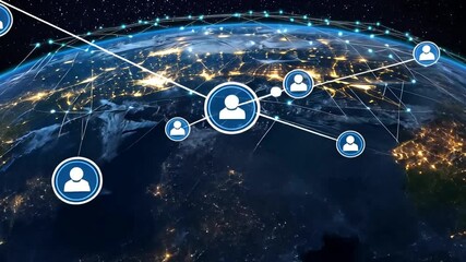 A digital network connecting people across the globe, showcasing illuminated cities and starry sky in the background - Powered by Adobe