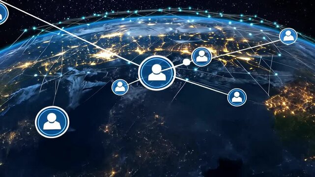 A digital network connecting people across the globe, showcasing illuminated cities and starry sky in the background - Powered by Adobe