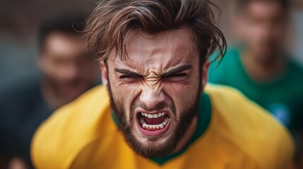 Man with a yellow shirt and green shirt is angry. He is biting his lip and has his mouth open