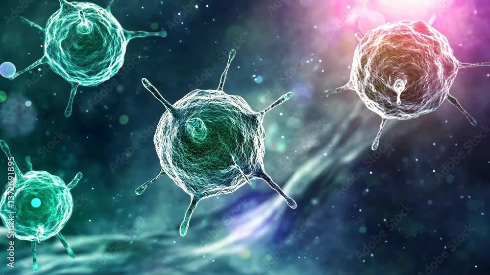 Poster microscopic view of glowing cells in a dark environment reveals intricate biological structures and 