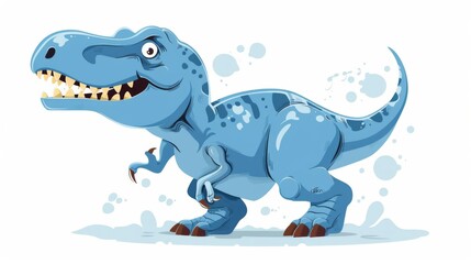 Fototapeta premium Blue cartoon dinosaur with sharp teeth and claws roaring in front of an abstract background.