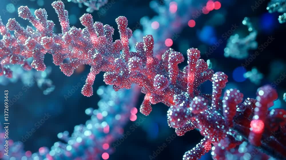 Poster microscopic view of a colorful virus structure highlighting intricate details and textures in a lab 