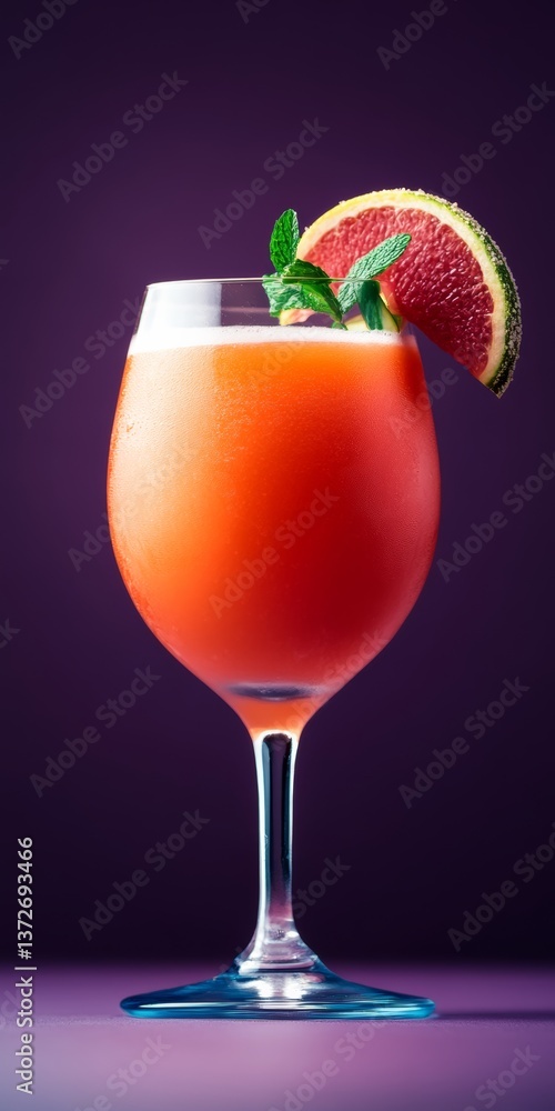 Poster glass of red drink with a slice of lime on top. the drink is garnished with a sprig of mint