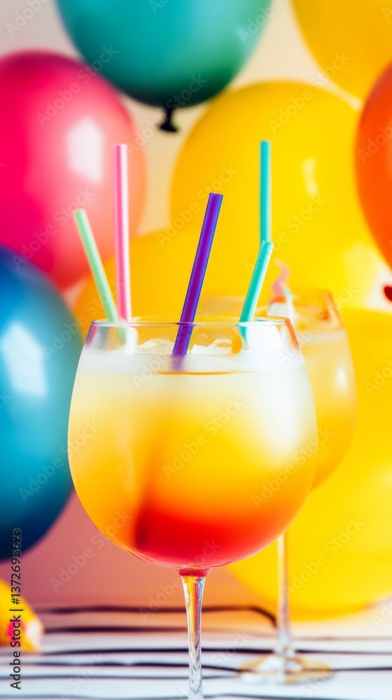 Poster glass of orange juice with straws in it is on a table with balloons in the background