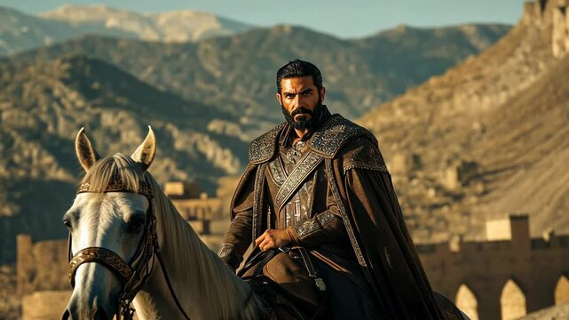 Warrior of the ancient Persian state rides through rugged landscapes on horseback