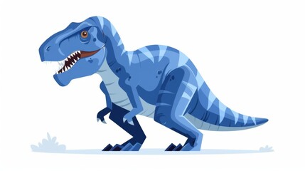 Obraz premium Blue cartoon dinosaur with sharp teeth and claws roaring in front of an abstract background.