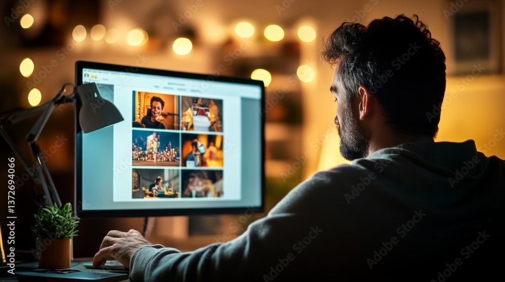 Poster man is sitting in front of a computer monitor with a picture of a man eating a sandwich on it