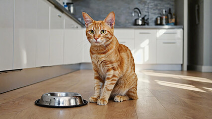 Ginger Cat's Mealtime: A curious ginger tabby cat sits patiently next to its food bowl in a bright kitchen setting, capturing a moment of domestic life and the bond between pet and owner.