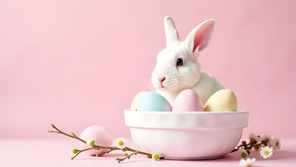 light Easter bunny on a light background with Easter eggs as a background for the Easter holiday