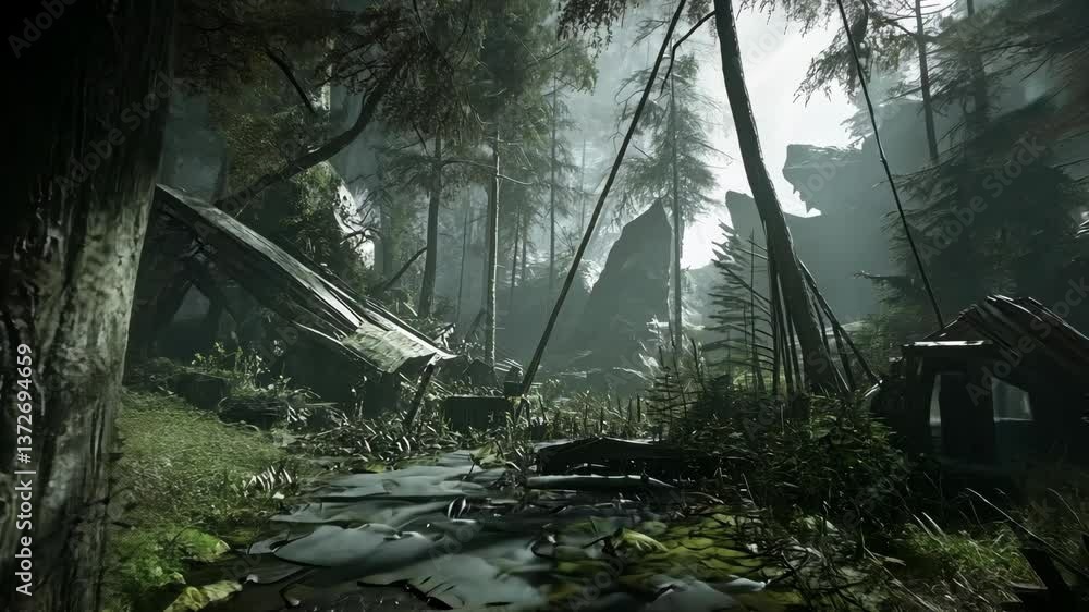 Poster Moss-covered ruins in a dense forest illuminated by soft sunlight filtering through the trees
