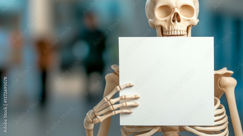 Poster skeleton is holding a blank piece of paper in its hand. the skeleton is positioned in a way that it 