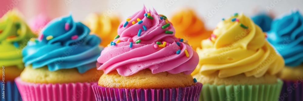 Poster colorful cupcakes topped with neon icing and rainbow sprinkles create a vibrant bakery theme in clos