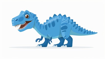 Blue cartoon dinosaur with sharp teeth and claws roaring in front of an abstract background.