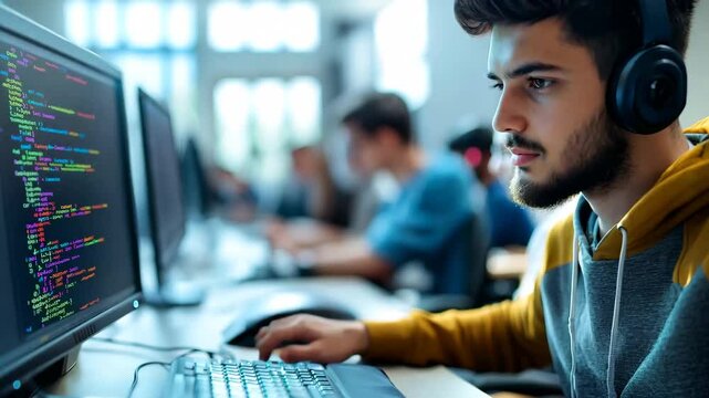 A young man wearing headphones intently writes code on a computer in a modern tech workspace, representing focus, innovation, and the dynamic environment of software development.