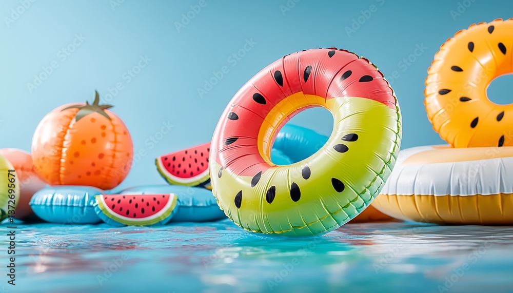Poster blue background with a bunch of inflatable water toys, including a watermelon float. the watermelon 