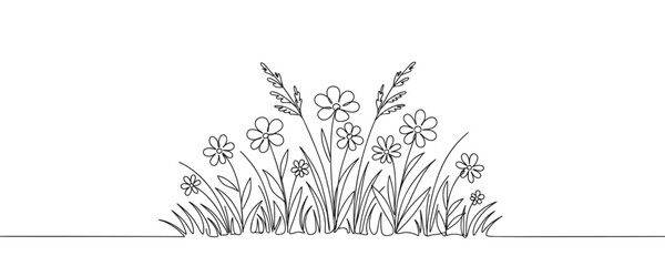 Abstract meadow line with grass and flowers. Continuous one line drawing. Vector illustration