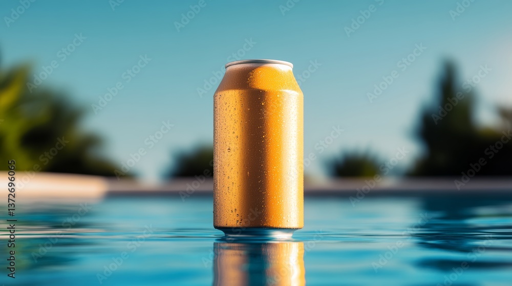 Aufkleber can of beer is floating in a pool of water. the can is partially submerged in the water, with the to