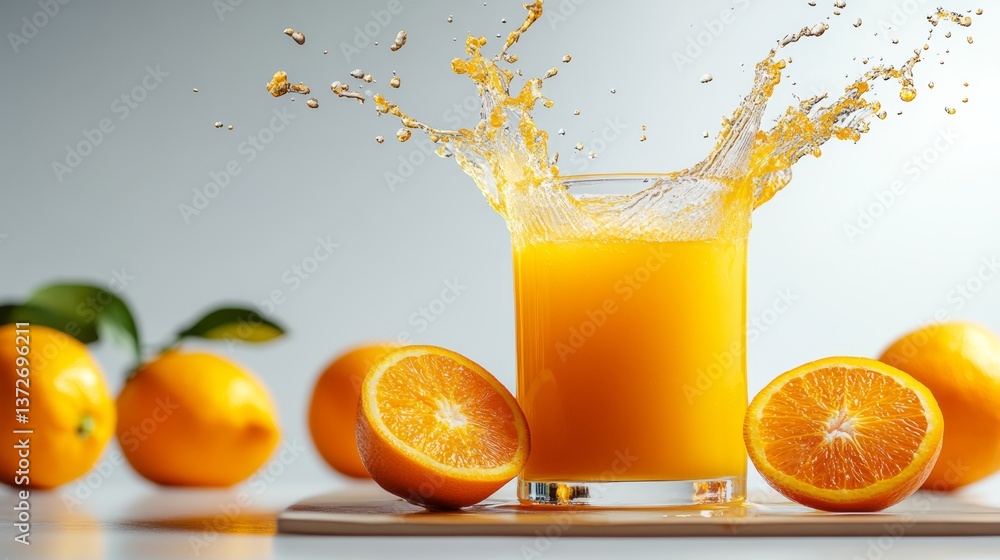 Poster glass of orange juice with a splash of orange juice on the table. there are two oranges on the table