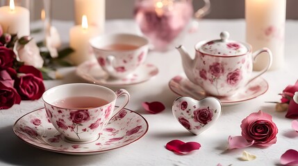 Fototapeta premium Elegant floral teacups and teapot set for a romantic afternoon tea with flickering candles on a.