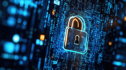 glowing digital lock icon is prominently displayed on computer screen, symbolizing cybersecurity and data protection. intricate circuit board background enhances theme of technology and security