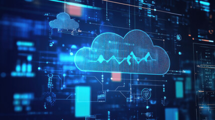 digital interface displays cloud computing graphic with real time data analytics, featuring glowing blue elements and futuristic design. scene conveys innovation and technology