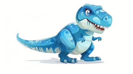 Naklejka premium Blue cartoon dinosaur with sharp teeth and claws roaring in front of an abstract background.