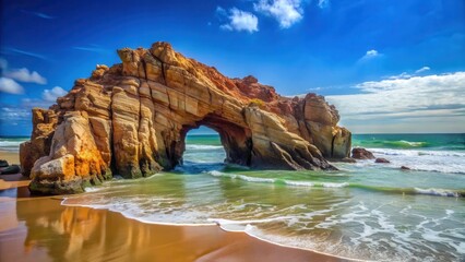 Formation de roche creuse sur la plage de Jericoacoara, avec des vagues bleues et un ciel clair, Brazil, sea