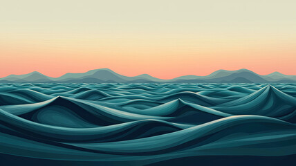 Asian Ocean waves with distant mountains at sunset