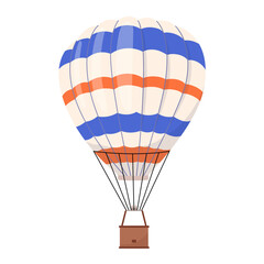 Naklejka premium Striped hot air balloon with basket. Flying striped baloon design element for decorating invitation to show, flyer, banner. Aerial travel tourist transport Flat vector illustration isolated on white