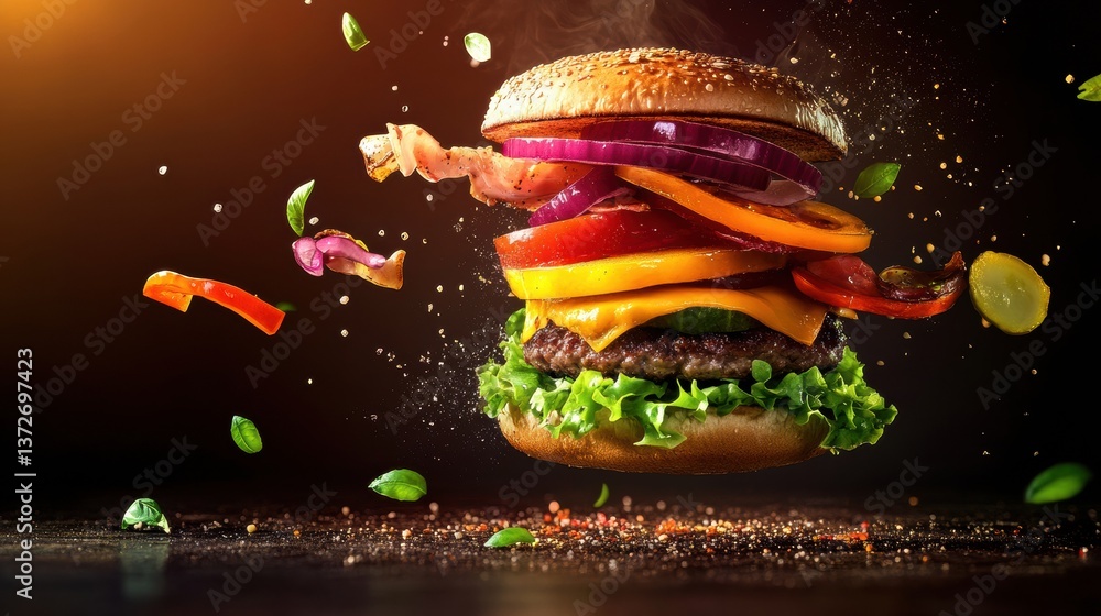 Poster floating burger with vibrant ingredients in dynamic pop-art style captures attention with bold color