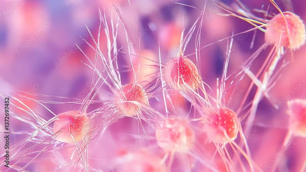Poster microscopic view of vibrant microorganisms displaying intricate structures in soft pastel tones