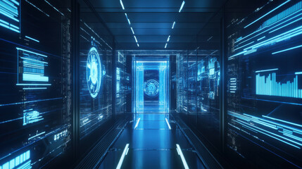 futuristic data center with holographic displays and glowing blue lights creates high tech atmosphere. corridor is lined with digital screens showing graphs and data