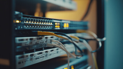 close up of network server rack with multiple routers and switches connected by cables, glowing lights indicating active connections. setup suggests secure and efficient network