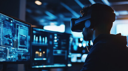 security analyst using virtual reality tools to simulate cybersecurity scenarios in modern office. immersive technology enhances threat detection and response strategies