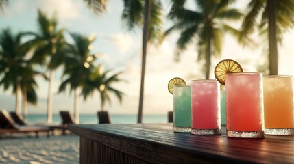 Refreshing cocktail display in a serene beach lounge setting tropical paradise beverage photography sunset vibe