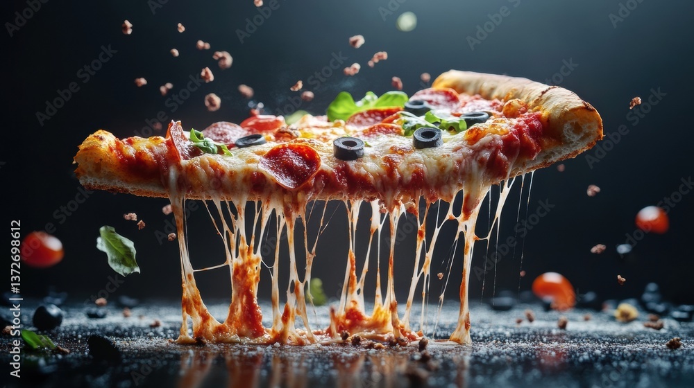 Poster deliciously cheesy pizza slice lifted with vibrant toppings and gooey cheese stretching amid a dynam
