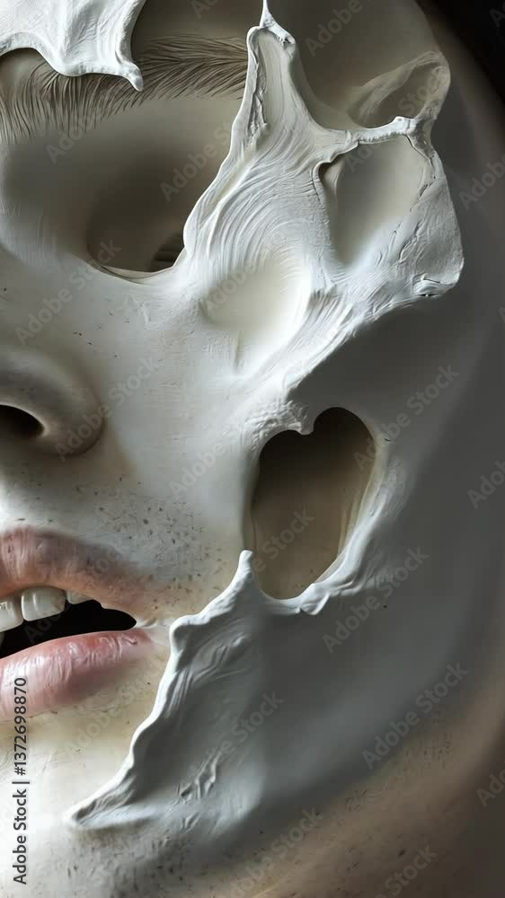 Poster unique art piece displaying a partially peeled face with sculptural features and expressive details 