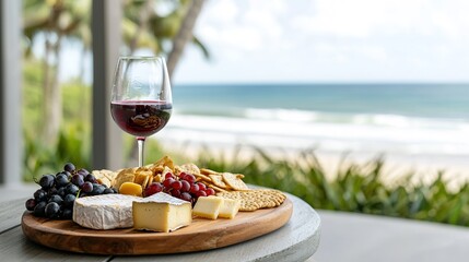 Luxurious wine and cheese setup scenic beachside food and drink coastal view elegant relaxation