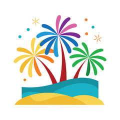 A colorful fireworks display over the beach shows palm trees against a sunset sky 