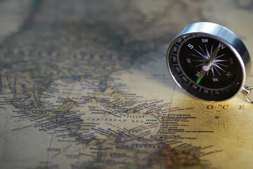 Vintage Compass on Caribbean Sea Map - Navigation, Exploration, and Travel Planning