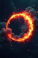 Fiery ring explodes, incandescent sparks fly across dark void, ignition, lava, hot