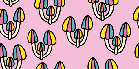 Colorful mushroom pattern on pink background