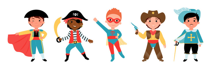 Boys dressed in cowboy, superman, musketeer, matador, pirate costumes.
